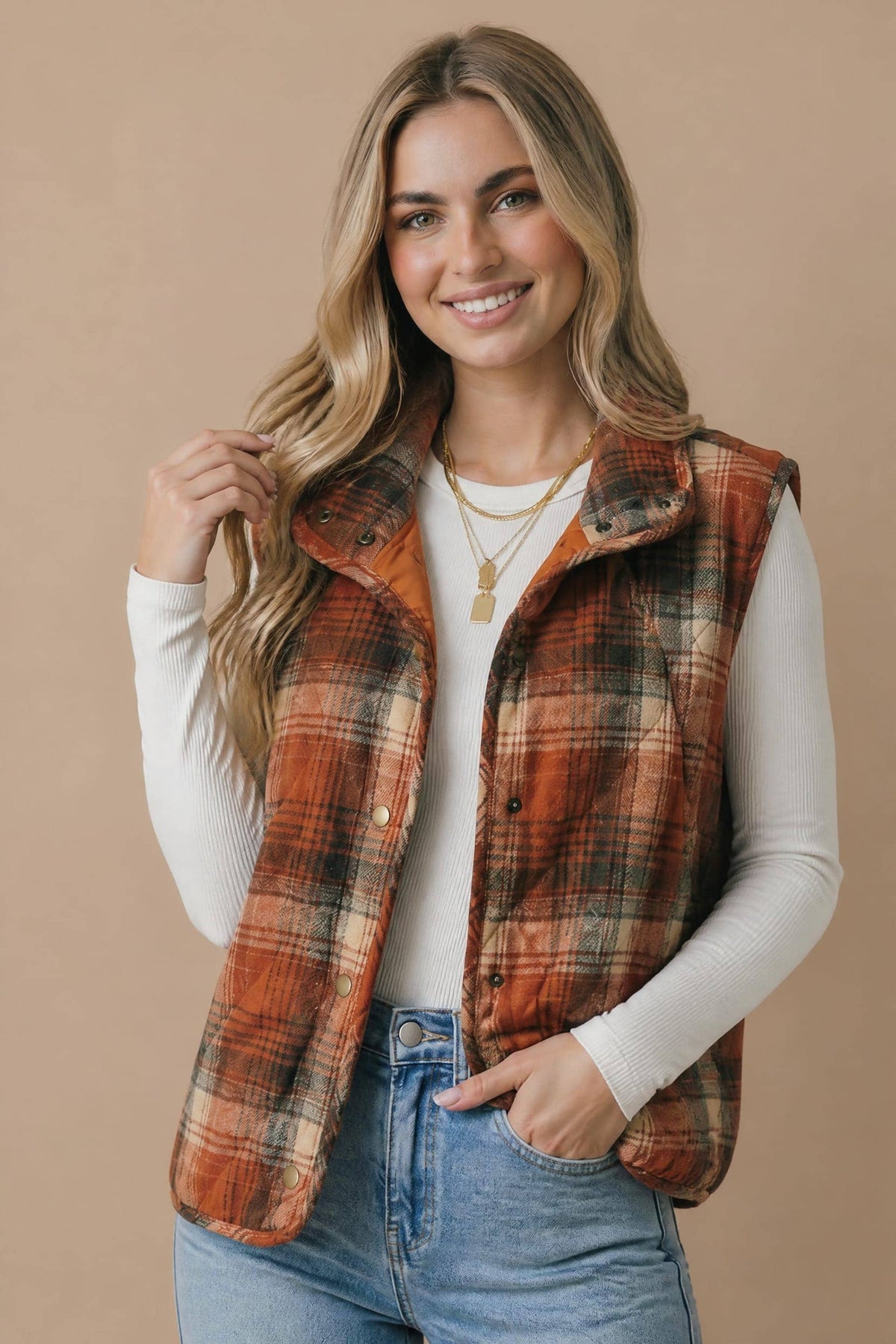 Plus Plaid Quilted Snap Button Puffer Vest: RUST / 1X
