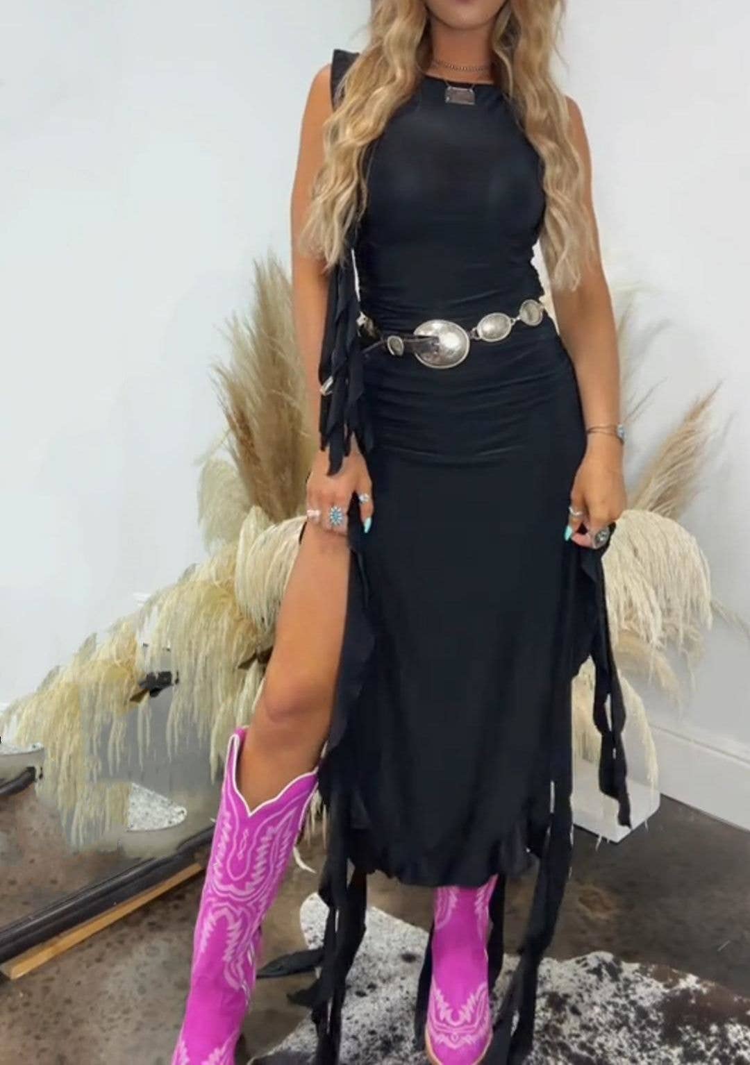 Western Ruffled Slit Dress