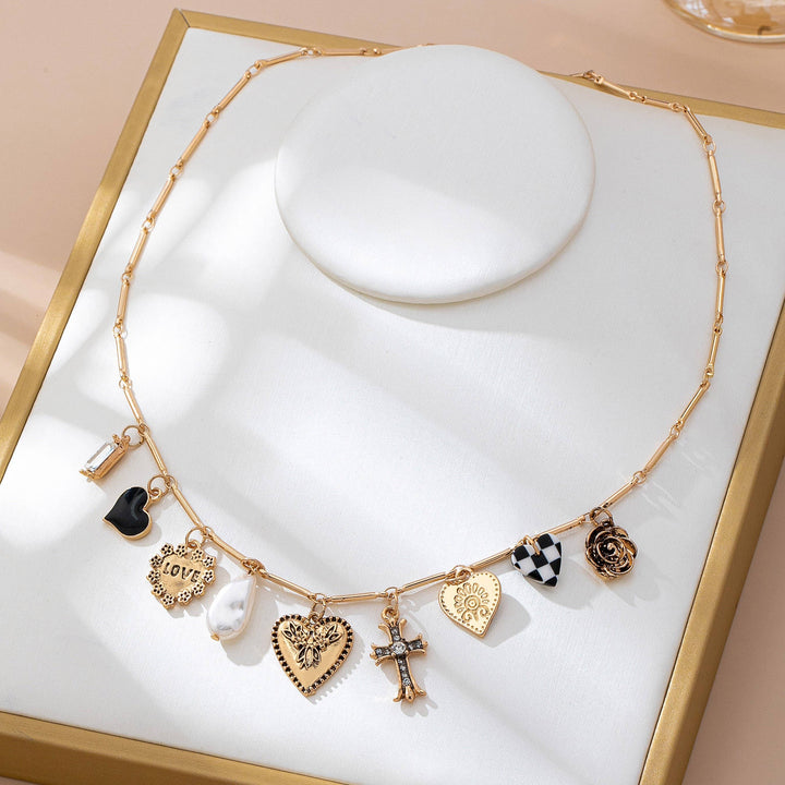 CHARM NECKLACE-HEART CHECKER CROSS CHARM