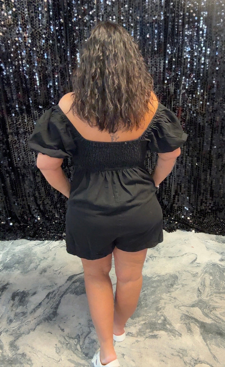 Denim Smocked Puff Sleeve Romper
