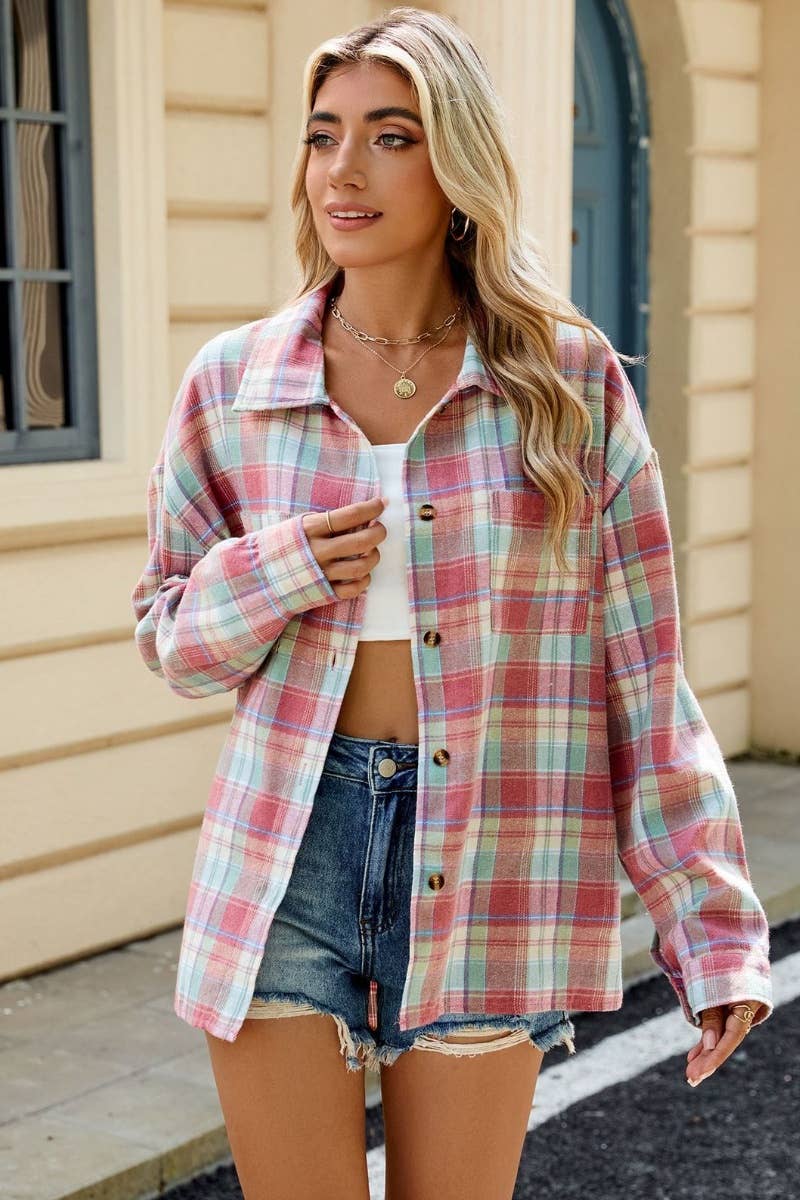 CWTSTL1711_STYLISH LONG SLEEVE POCKET PLAID SHIRT TOP: DARKBROWN / (XXL) 1