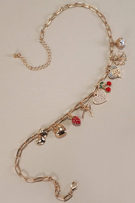 MULTI CHARM BOW CHERRY HEART NECKLACE - Gold