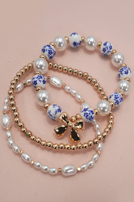 BLUE CERAMIC PORCELAIN BOW MULTI LAYER BRACELET - GOLD