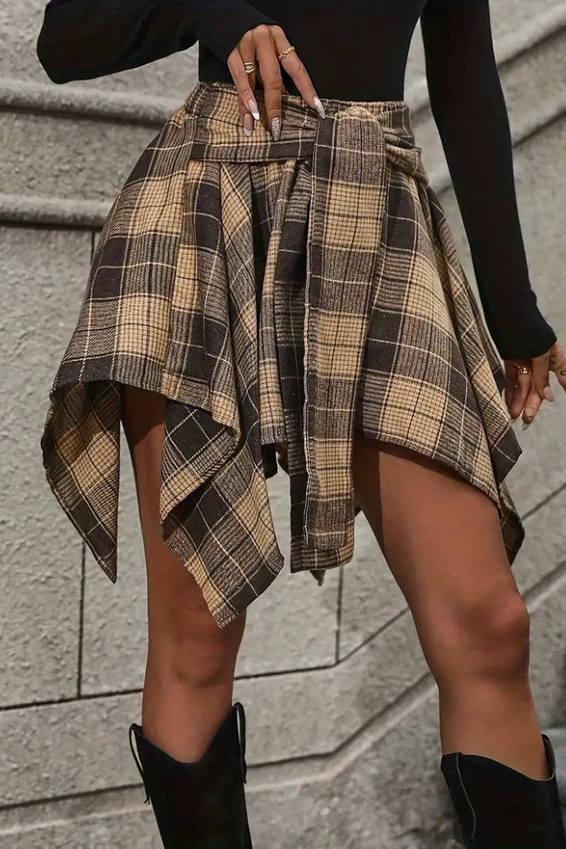 CWBSS0462_FASHION IRREGULAR PLAID SLEEVE SKIRT: Black / (M) 1