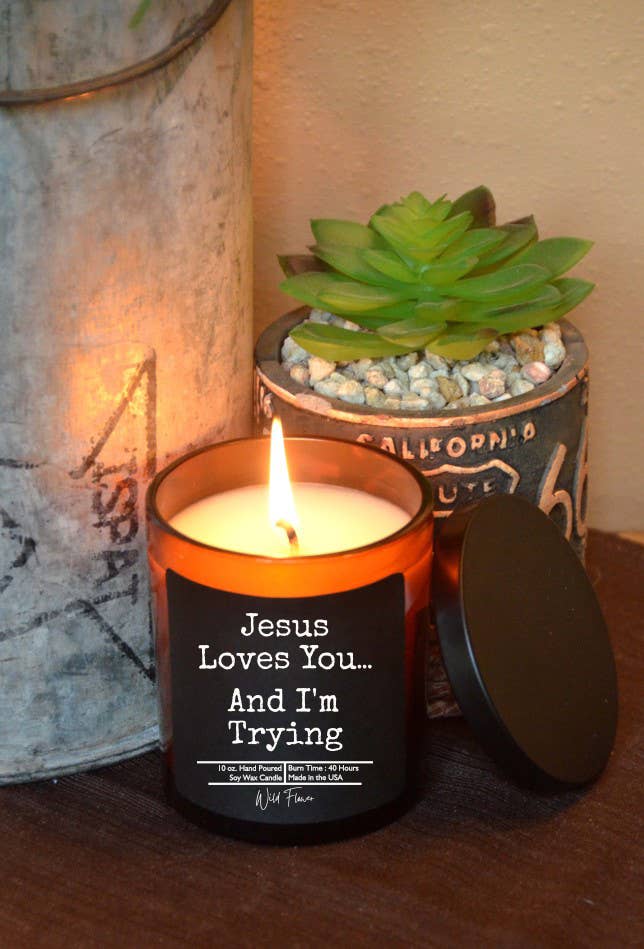 Jesus Loves You And I'm Trying Candle: Fresh Coffee