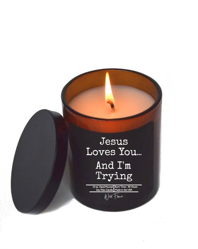 Jesus Loves You And I'm Trying Candle: Fresh Coffee