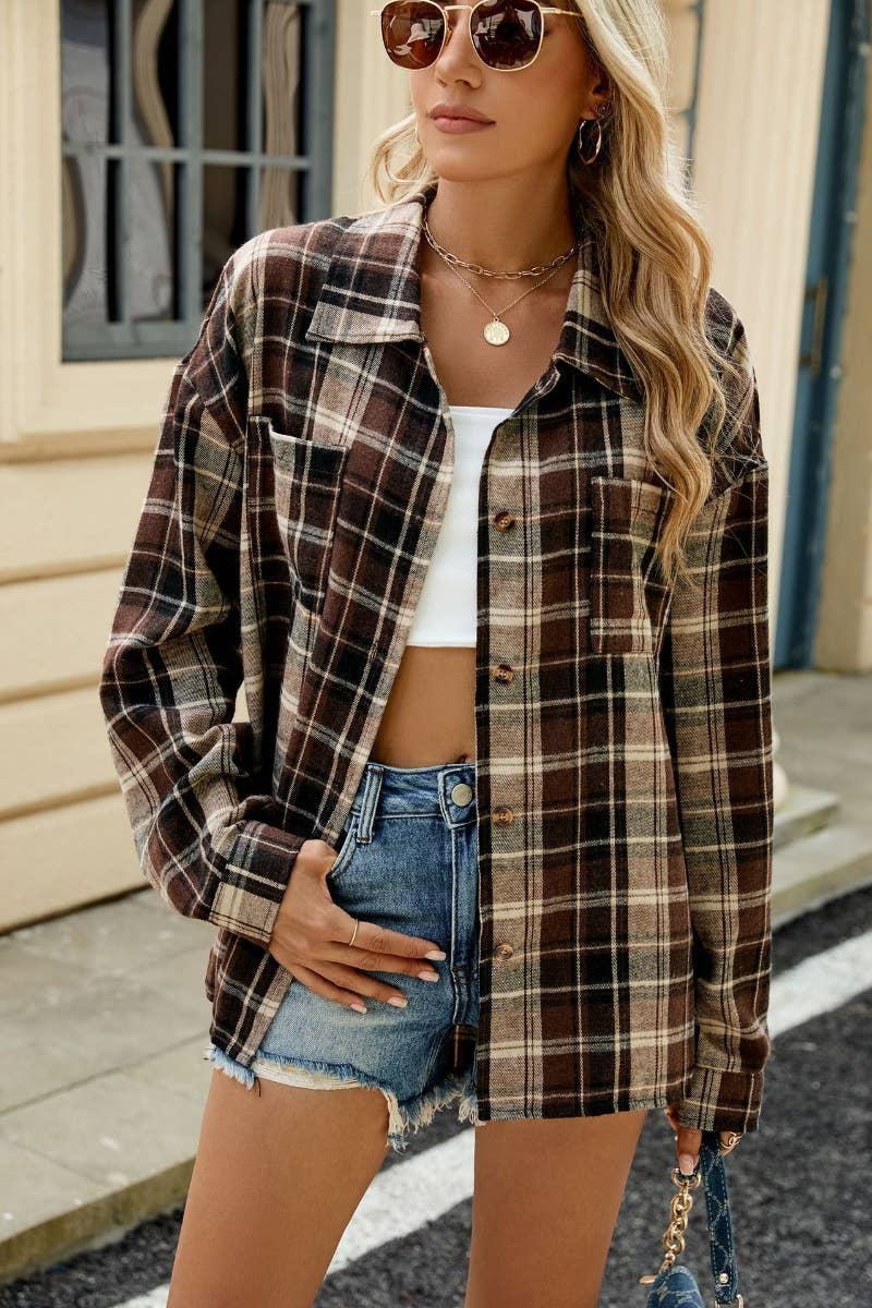 CWTSTL1711_STYLISH LONG SLEEVE POCKET PLAID SHIRT TOP: DARKBROWN / (XXL) 1