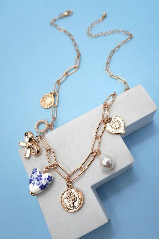 CERAMIC PORCELAIN BOW HEART CHARM LINK NECKLACE - Gold