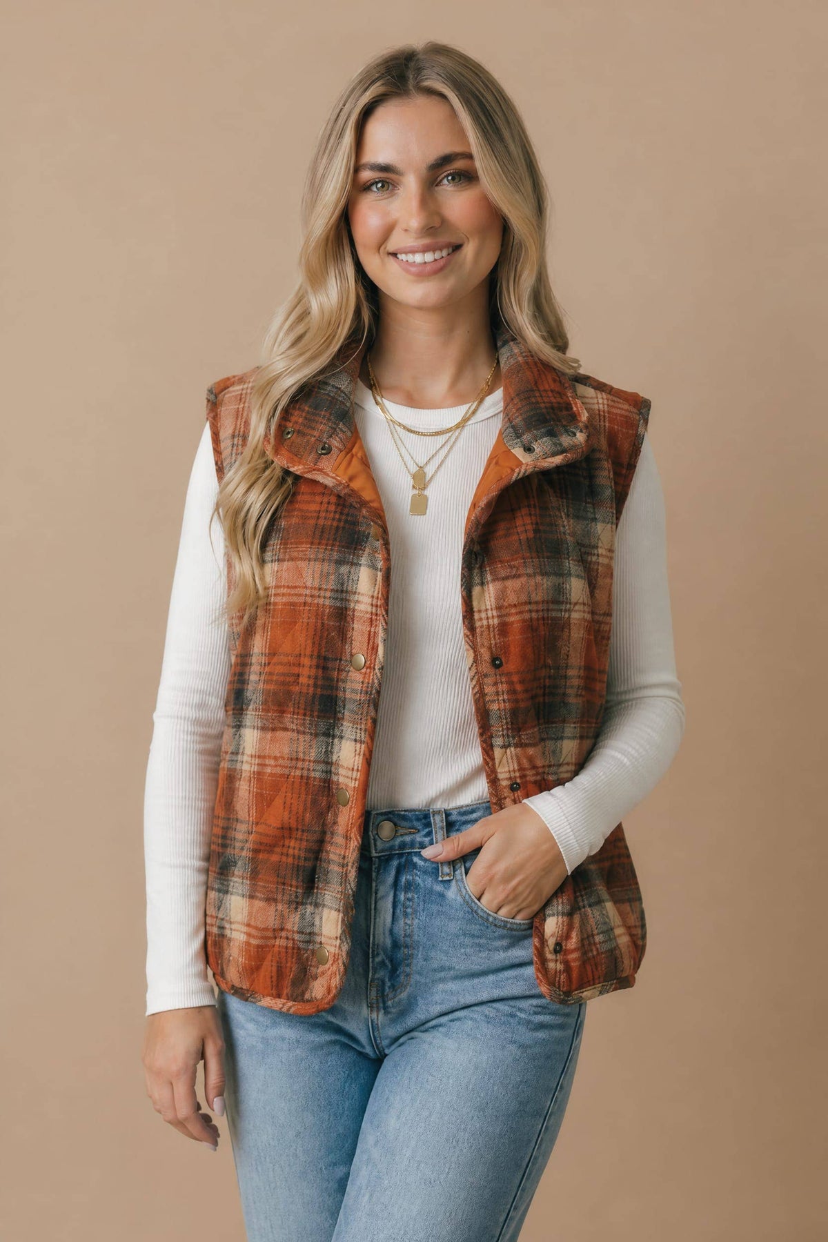 Plus Plaid Quilted Snap Button Puffer Vest: RUST / 1X