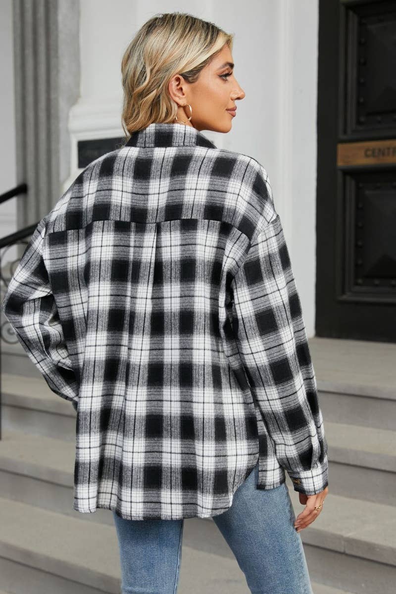 CWTSTL1711_STYLISH LONG SLEEVE POCKET PLAID SHIRT TOP: DARKBROWN / (XXL) 1