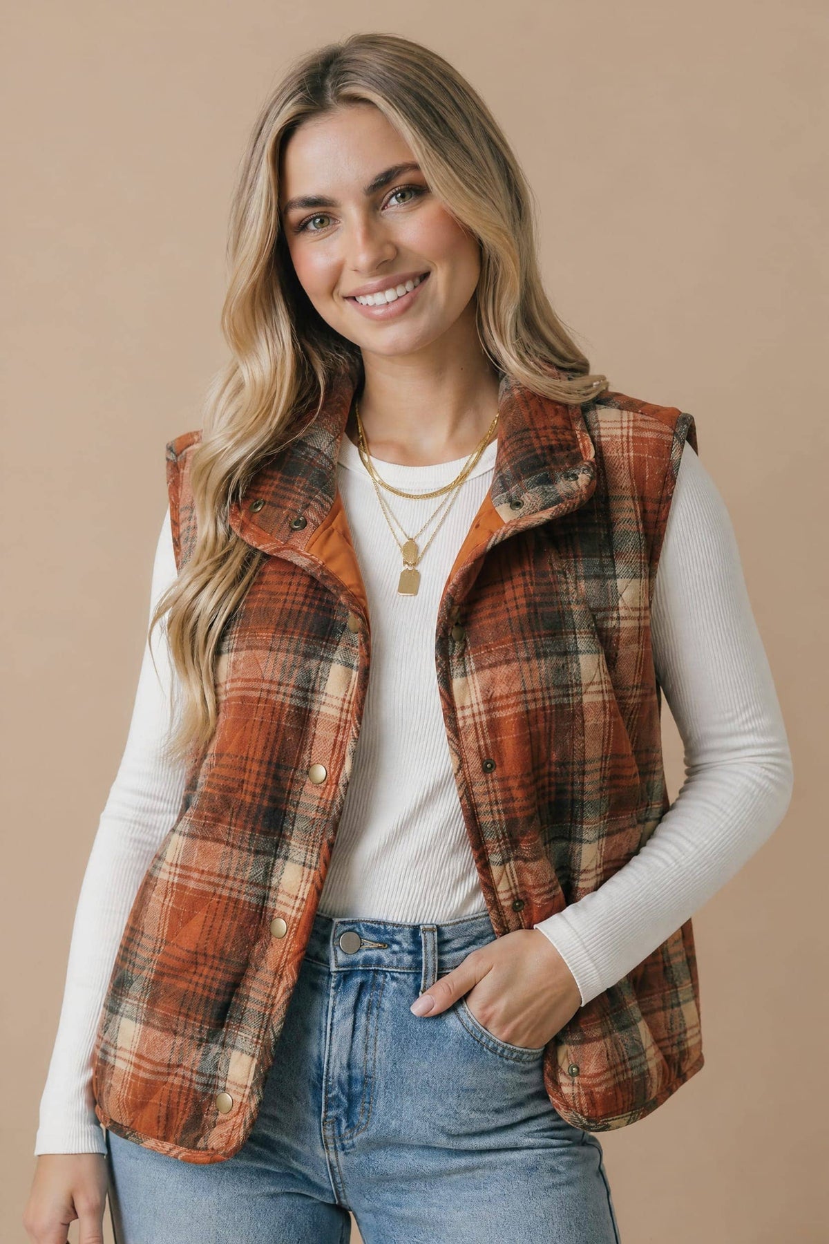 Plus Plaid Quilted Snap Button Puffer Vest: RUST / 1X