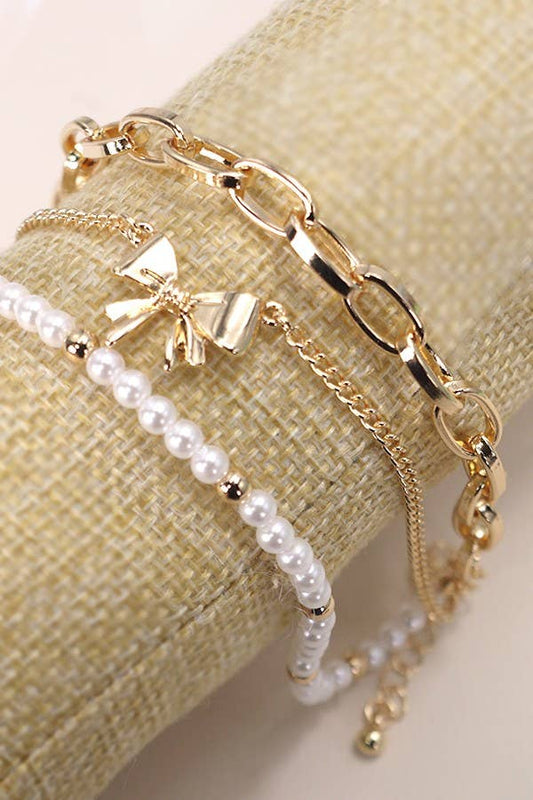 BOW PEARL LINK TRIO SET BRACELETS - GOLD