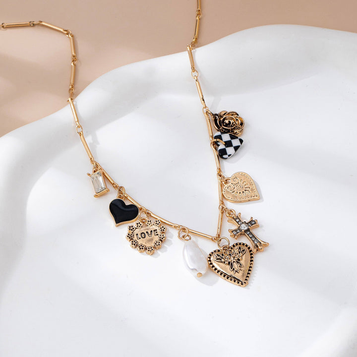 CHARM NECKLACE-HEART CHECKER CROSS CHARM