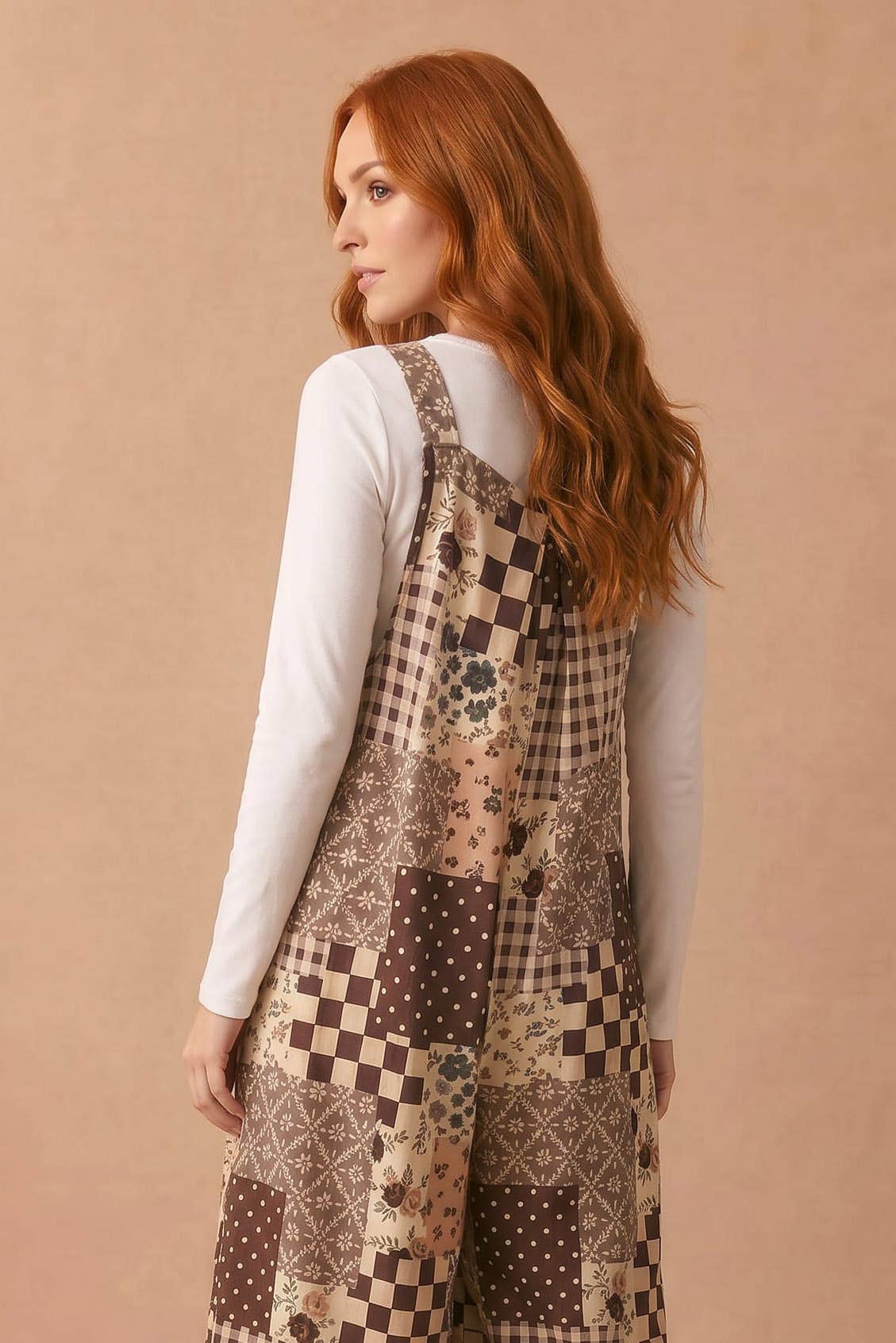 Floral Patchwork Wide Leg Overalls: BROWN / S