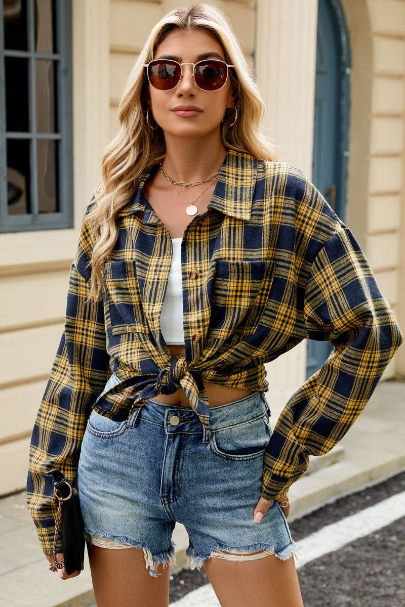 CWTSTL1711_STYLISH LONG SLEEVE POCKET PLAID SHIRT TOP: DARKBROWN / (XXL) 1