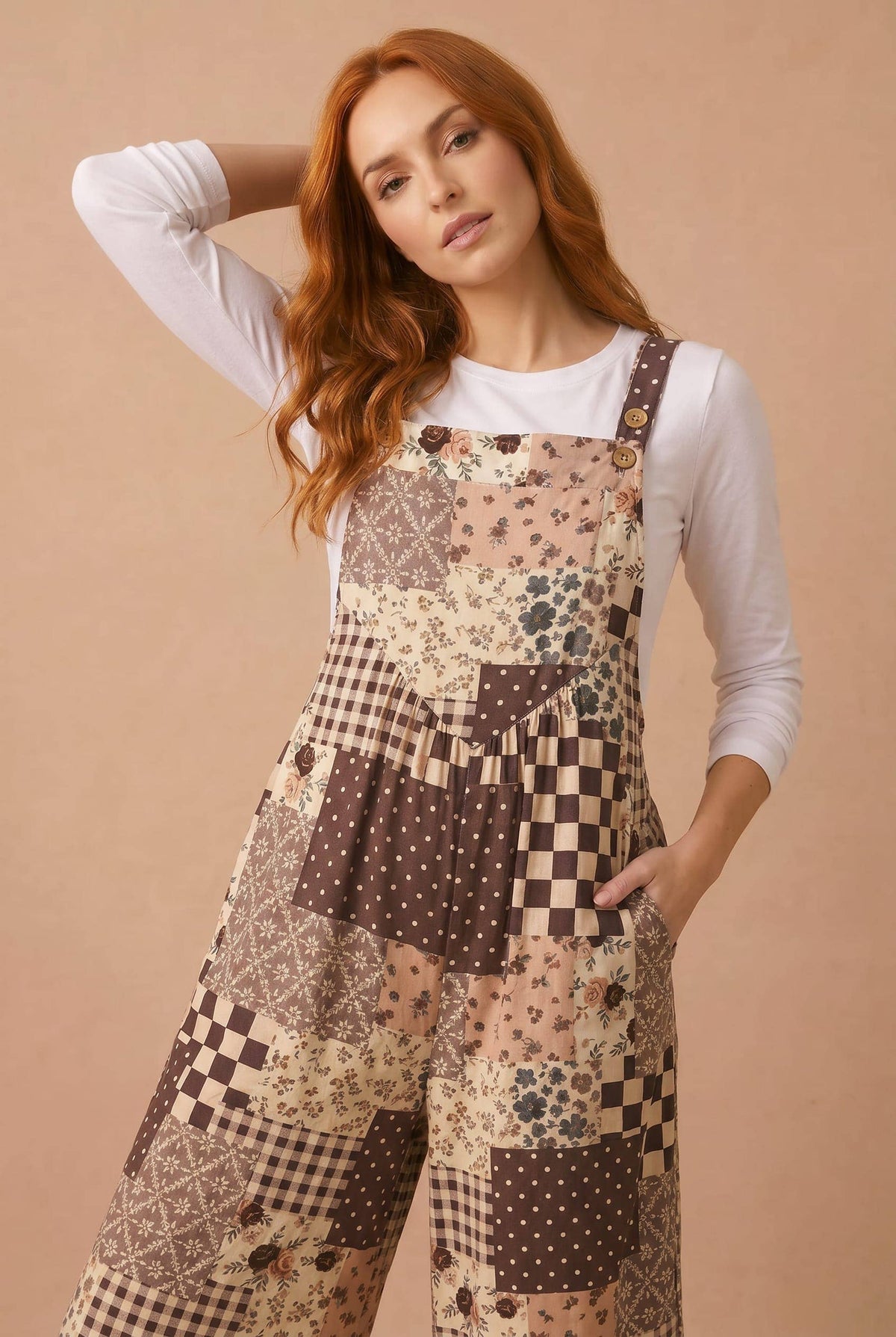 Floral Patchwork Wide Leg Overalls: BROWN / S
