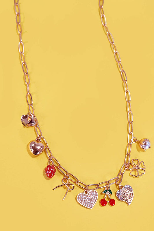 MULTI CHARM BOW CHERRY HEART NECKLACE - Gold
