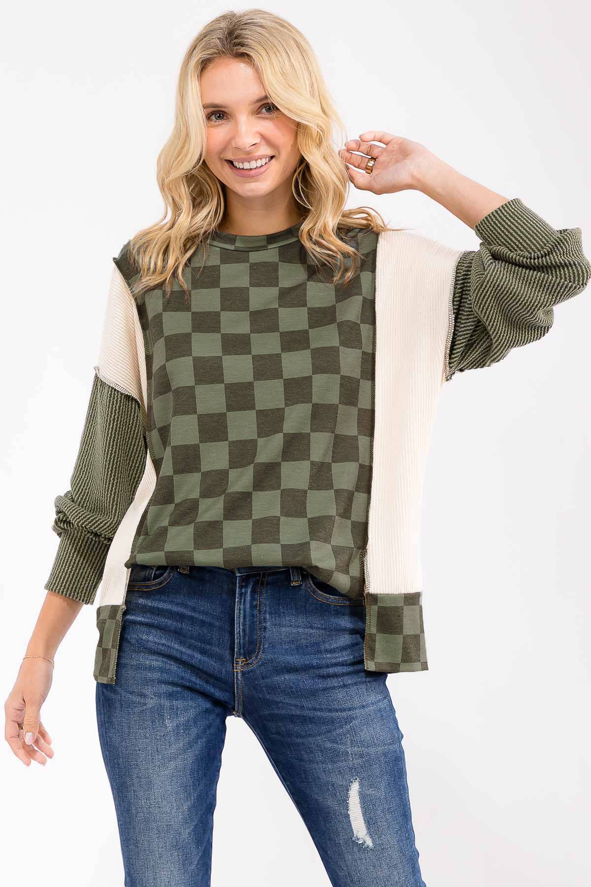 Checkered Print Long Sleeve Pullover Top