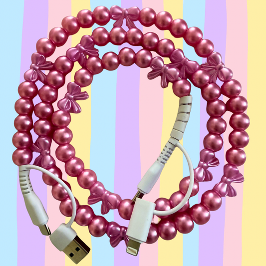 Pink Pearl Bow Beaded Charging Cable