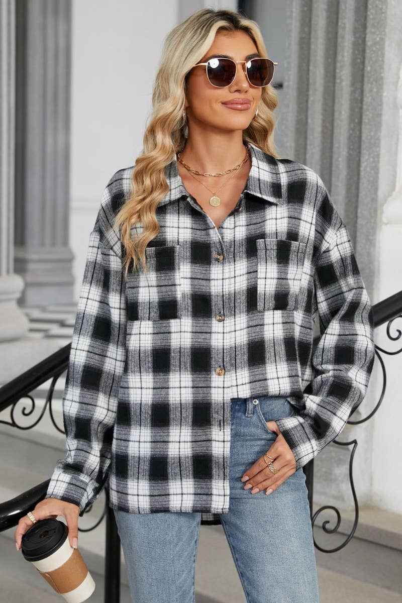CWTSTL1711_STYLISH LONG SLEEVE POCKET PLAID SHIRT TOP: DARKBROWN / (XXL) 1