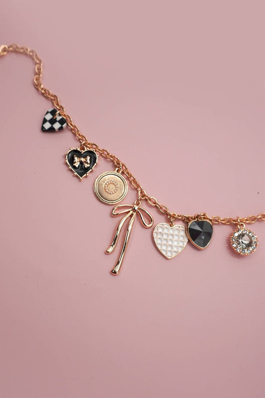 CHARM NECKLACE-BOW CHECKER HEART RHINESTONE - Gold