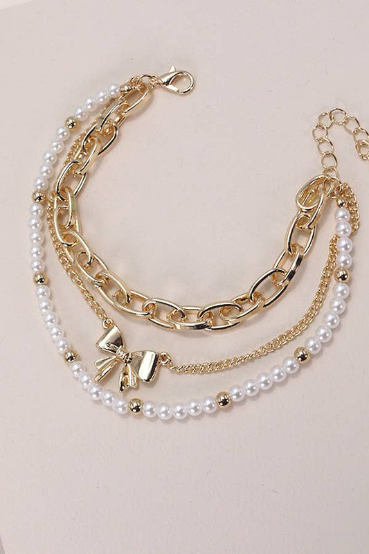 BOW PEARL LINK TRIO SET BRACELETS - GOLD