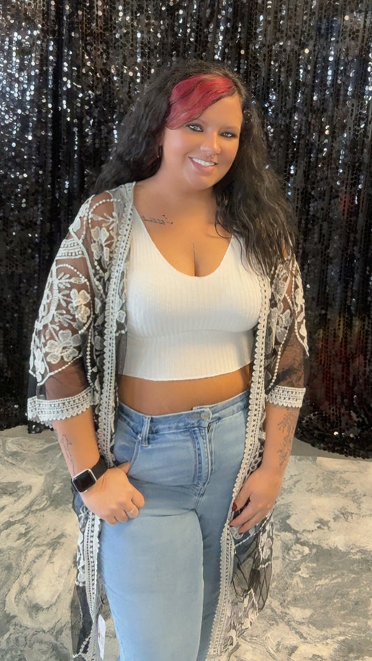 Contrast Mesh Cotton Lace Longline Kimono 🎀: Black