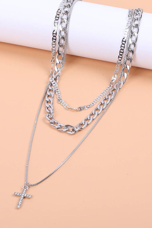 Cross Multi Layer Stacked Chains Necklace