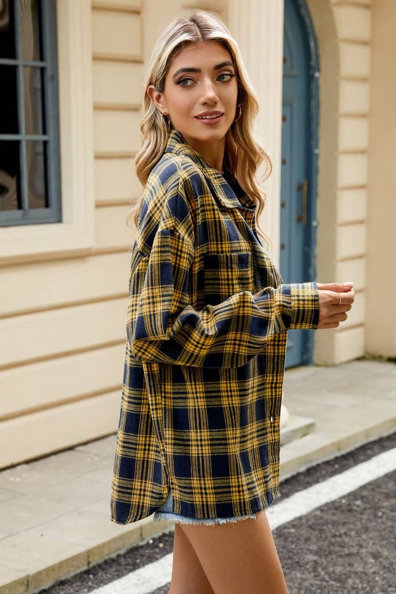 CWTSTL1711_STYLISH LONG SLEEVE POCKET PLAID SHIRT TOP: DARKBROWN / (XXL) 1