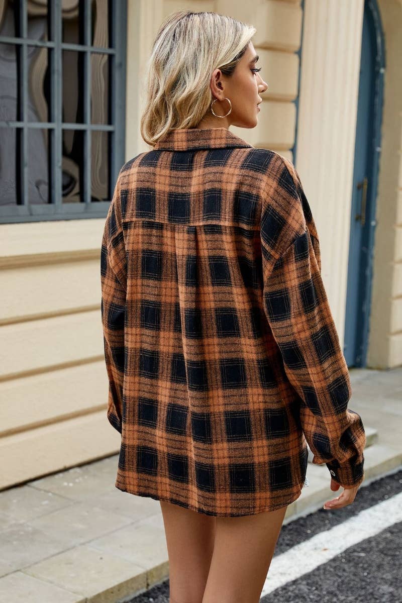 CWTSTL1711_STYLISH LONG SLEEVE POCKET PLAID SHIRT TOP: DARKBROWN / (XXL) 1