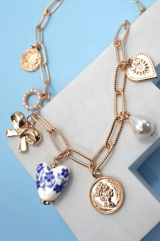 CERAMIC PORCELAIN BOW HEART CHARM LINK NECKLACE - Gold