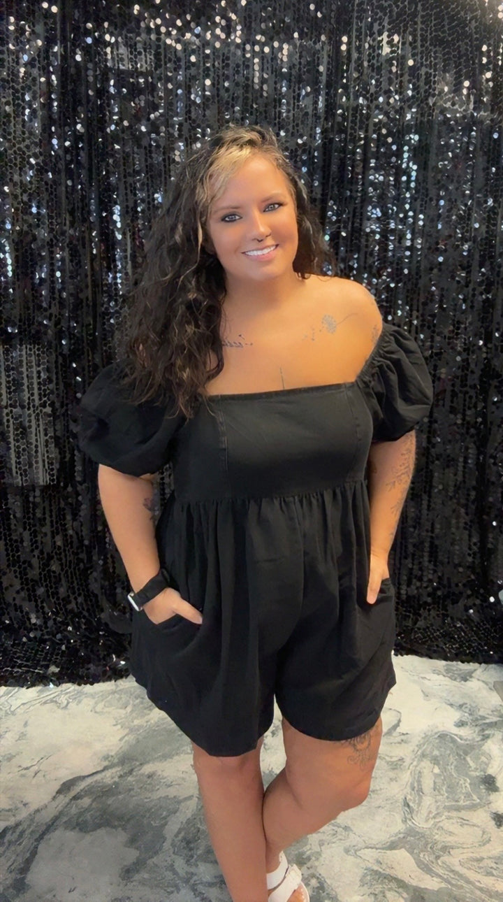 Denim Smocked Puff Sleeve Romper
