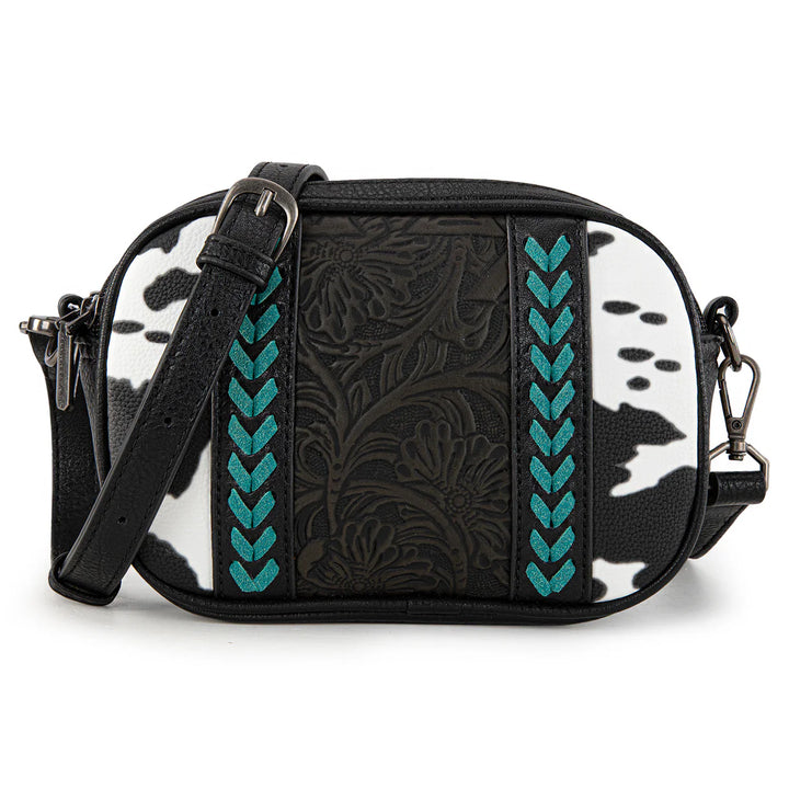 Tooled Leather & Cowprint Crossbody