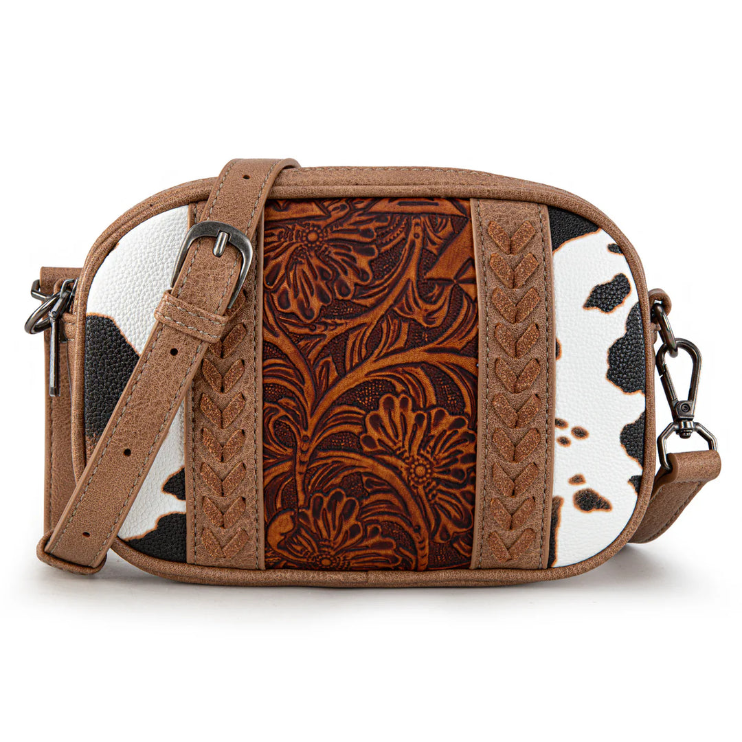 Tooled Leather & Cowprint Crossbody
