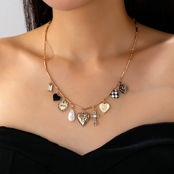 CHARM NECKLACE-HEART CHECKER CROSS CHARM