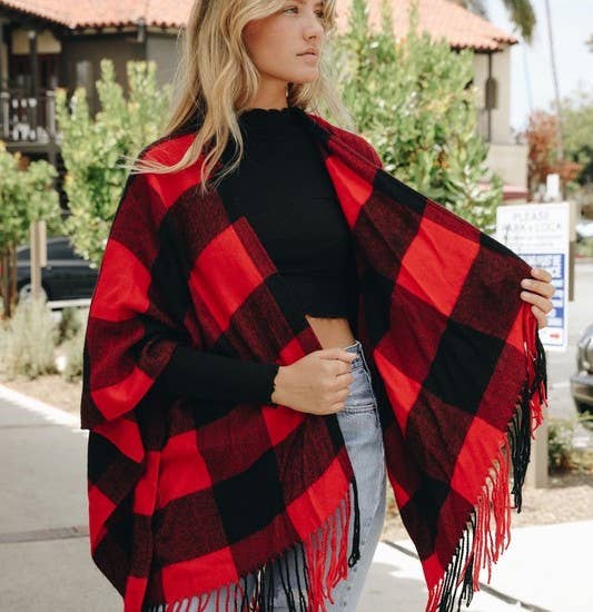 Buffalo Check Tassel Ruana - Fall & Winter Staple 🦬: Red/Black