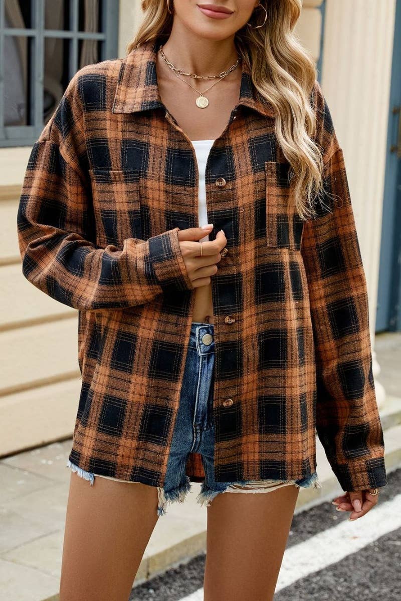 CWTSTL1711_STYLISH LONG SLEEVE POCKET PLAID SHIRT TOP: DARKBROWN / (XXL) 1