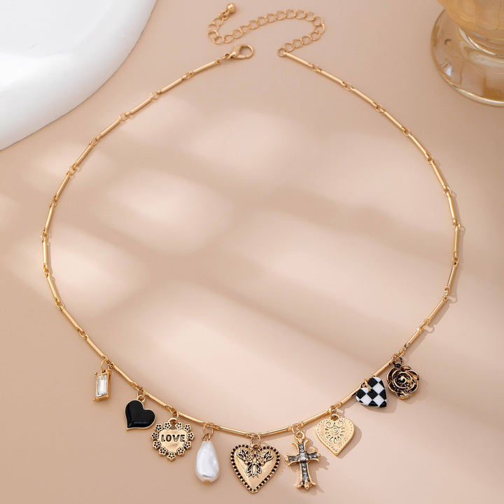 CHARM NECKLACE-HEART CHECKER CROSS CHARM
