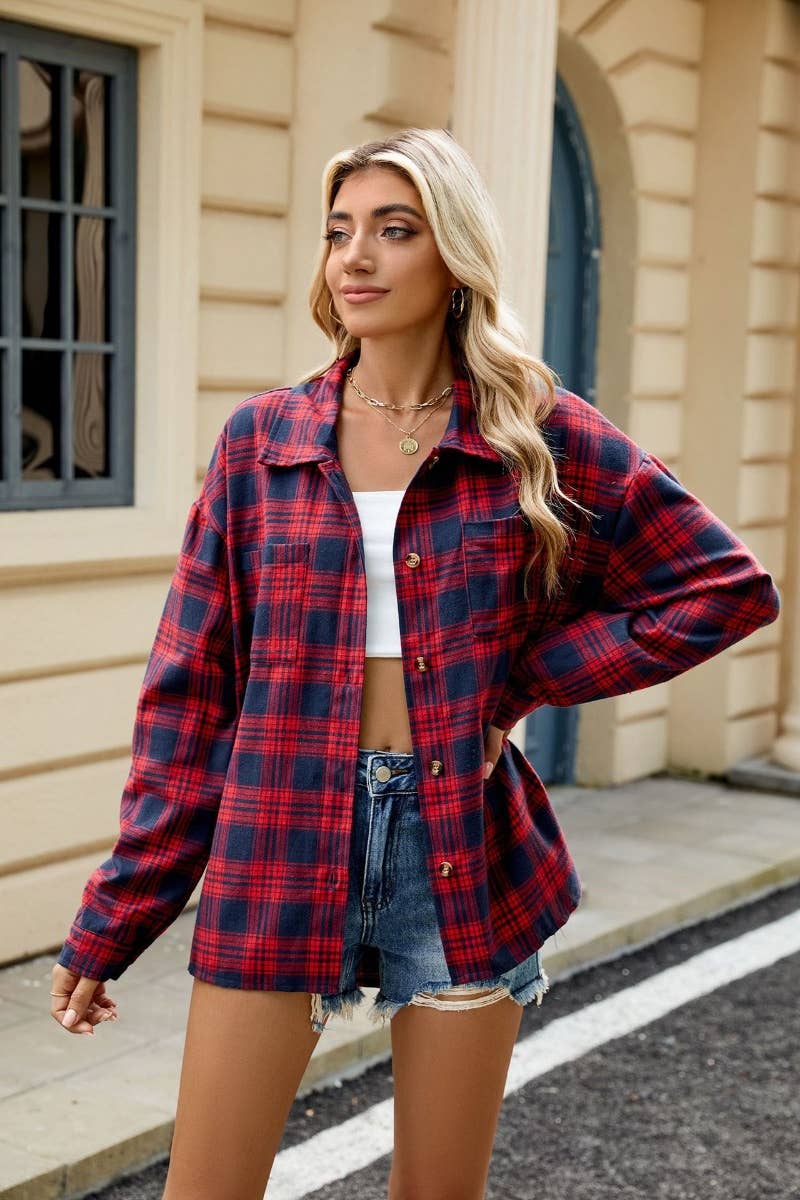 CWTSTL1711_STYLISH LONG SLEEVE POCKET PLAID SHIRT TOP: DARKBROWN / (XXL) 1
