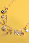 Load image into Gallery viewer, CHARM NECKLACE-BOW CHECKER HEART FLORAL - GOLD
