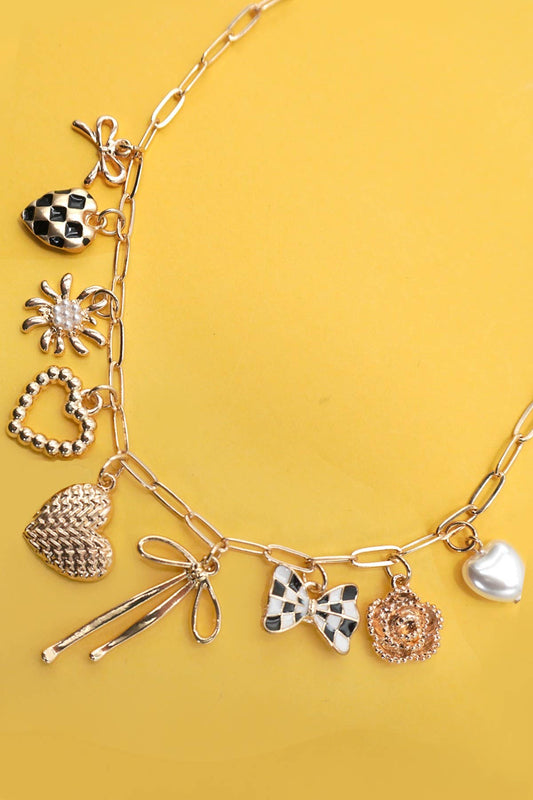 CHARM NECKLACE-BOW CHECKER HEART FLORAL - GOLD