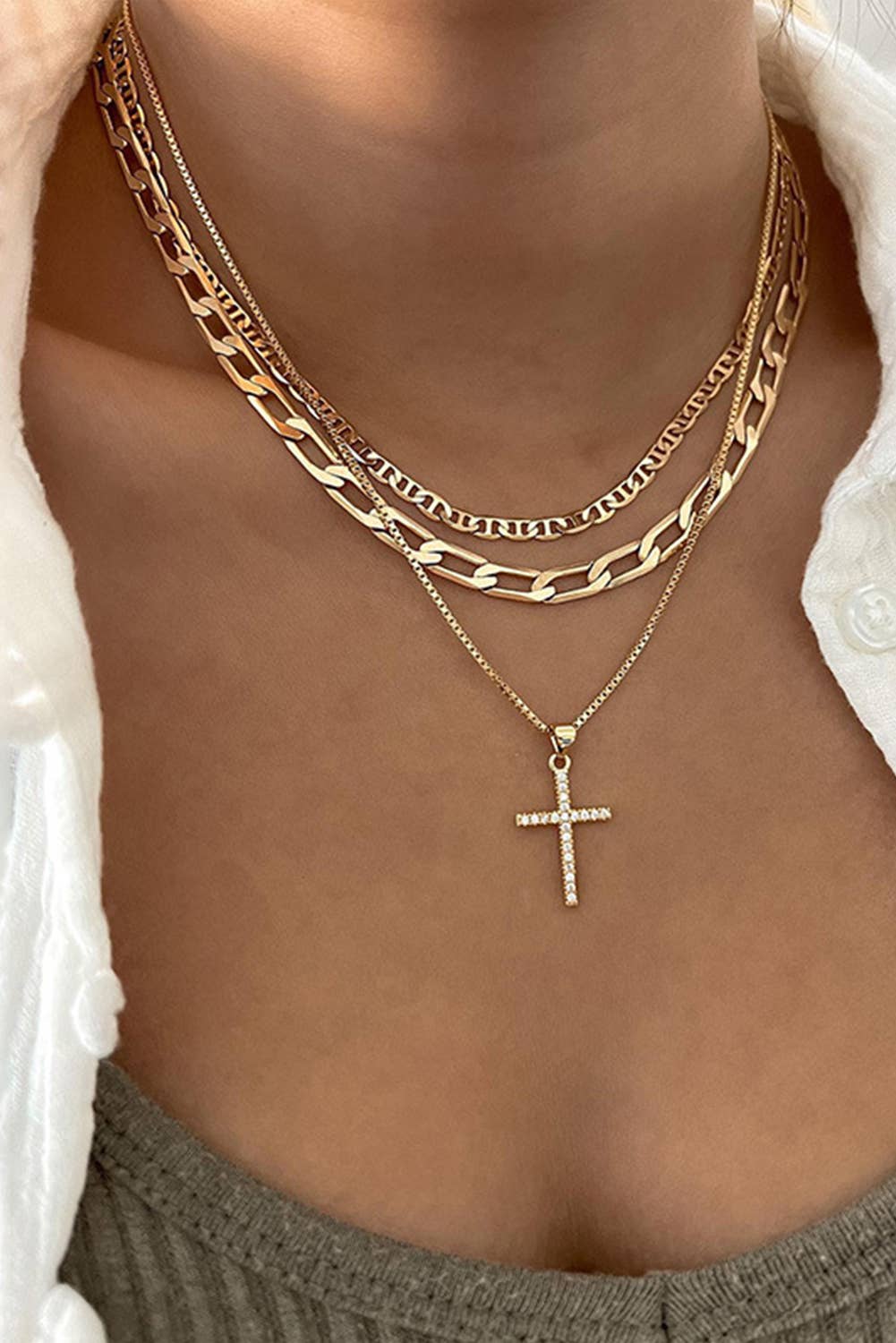 Cross Multi Layer Stacked Chains Necklace