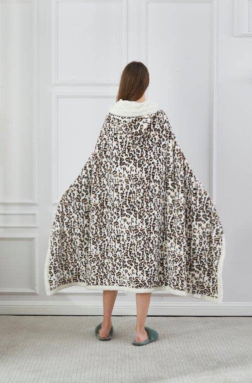 "Safari Leopard" Faux Fur Plush Hooded Throw Blanket