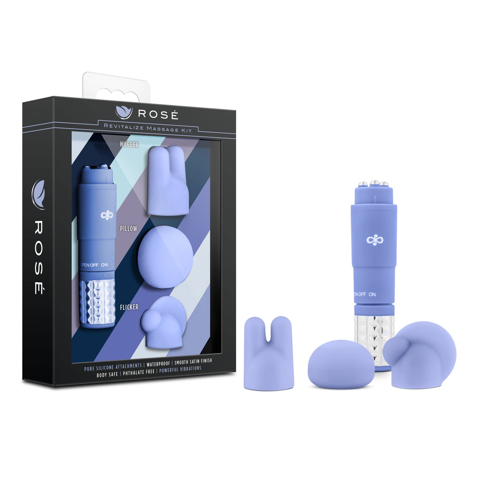 Rose Revitalize - 4" Silicone Mini Vibrator - 3 Attachments: Periwinkle