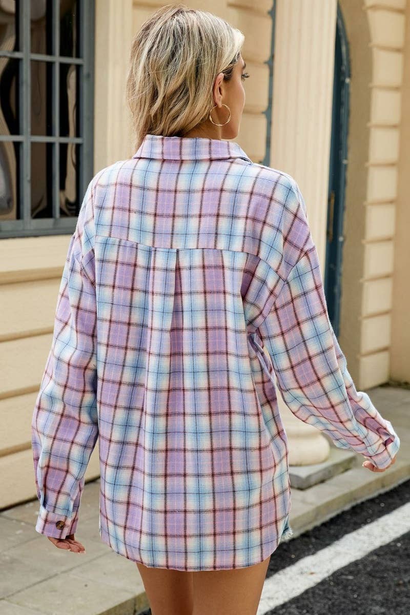 CWTSTL1711_STYLISH LONG SLEEVE POCKET PLAID SHIRT TOP: DARKBROWN / (XXL) 1
