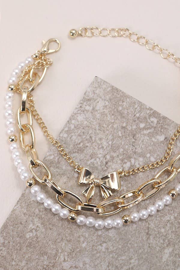 BOW PEARL LINK TRIO SET BRACELETS - GOLD