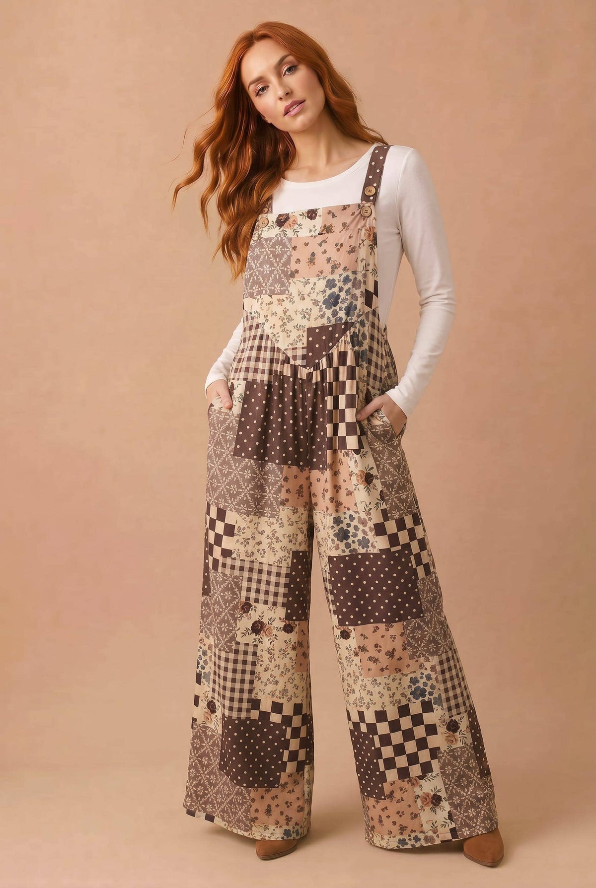 Floral Patchwork Wide Leg Overalls: BROWN / S