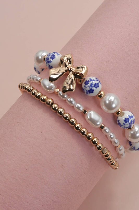 BLUE CERAMIC PORCELAIN BOW MULTI LAYER BRACELET - GOLD