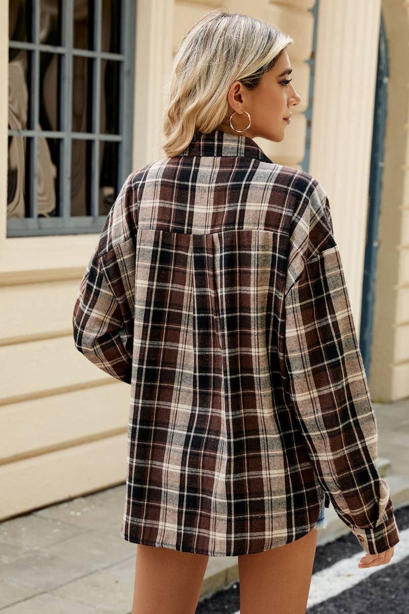 CWTSTL1711_STYLISH LONG SLEEVE POCKET PLAID SHIRT TOP: DARKBROWN / (XXL) 1