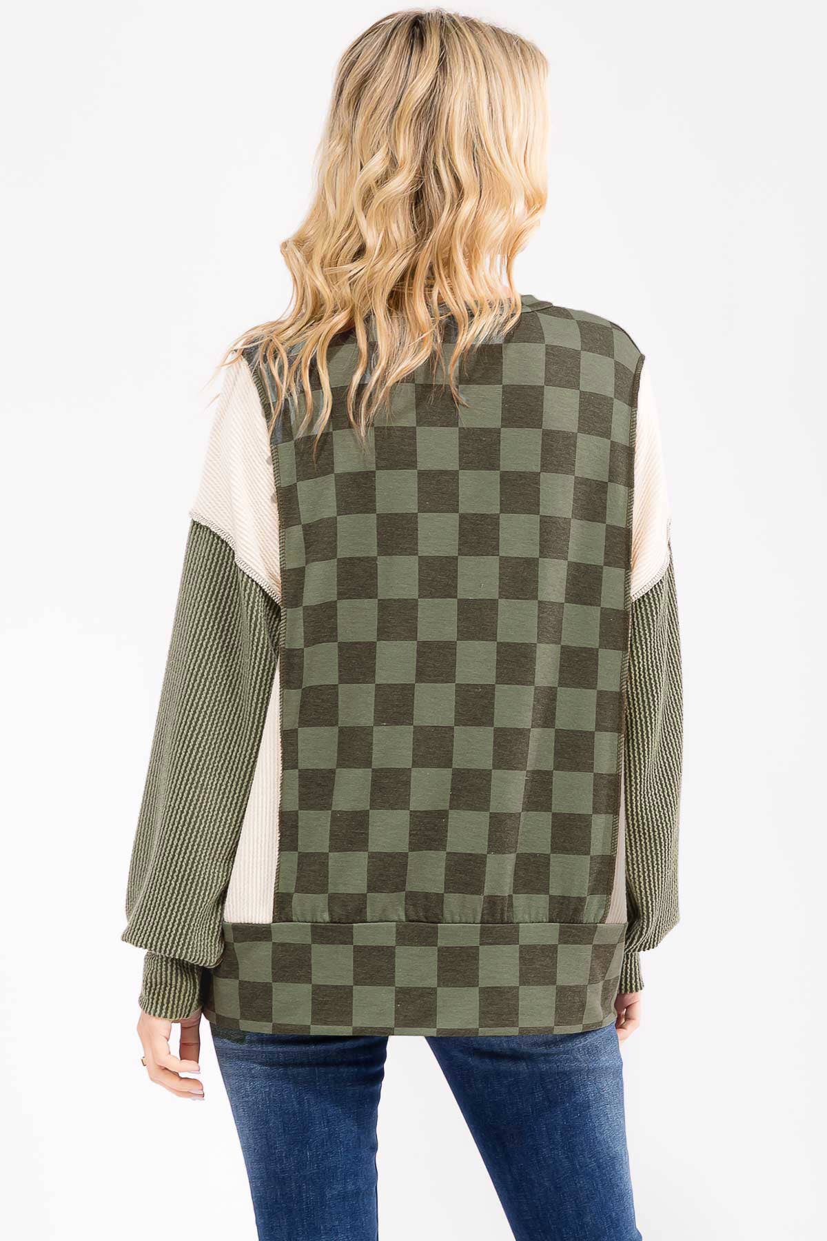 Checkered Print Long Sleeve Pullover Top